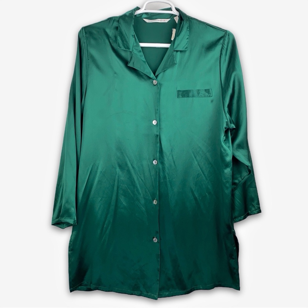 Victorias Secret 100% Silk Pajama Top Shirt Dress Long Sleeve Womens L Green